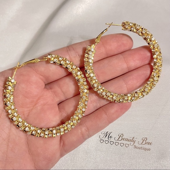 Gold Rhinestone Hoop Earrings - Picture 2 of 6